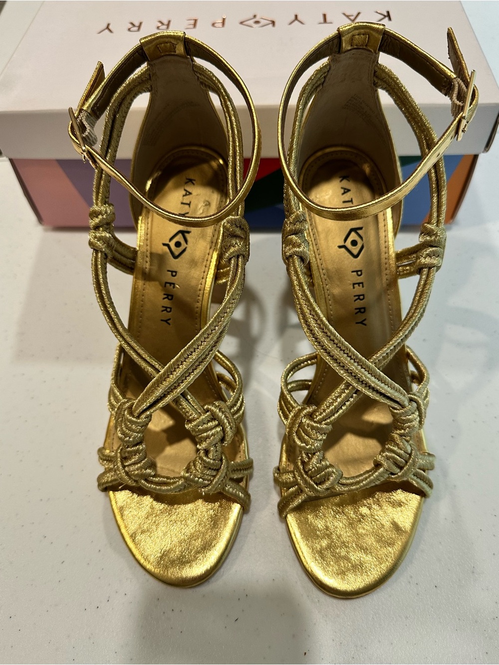 Katy Perry Collections Metallic Gold Knot Strappy Heels